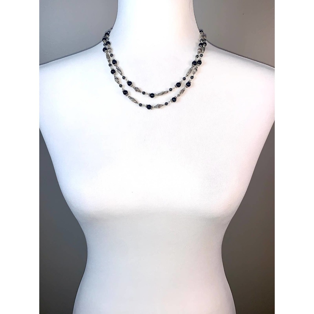 Napier Silver Black Beaded Double Strand Statement Necklace EUC - Picture 4 of 5